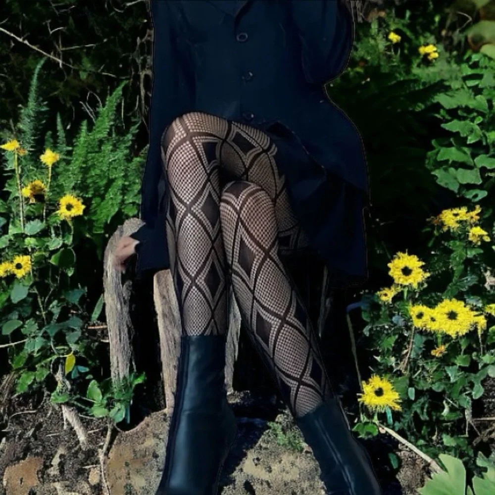 Argyle Jacquard Hollow Out Tights High Waist Comfy Pantyhose Black One Size